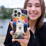 Personalized Faux Stained Glass Cat Dog Portrait Phone Case for iPhone with Name Birthday Anniversary Gift for Pet Owners