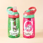 Botella de agua personalizada de 475 ml anticaídas y a prueba de fugas con popote de silicona animales y nombre regalo de cumpleaños para niños