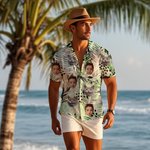 Personalised Tropical Palm 1-2 Face Photos Design Hawaiian Short-Sleeve Shirt Funny Summer Beach Party Birthday Gift for Men