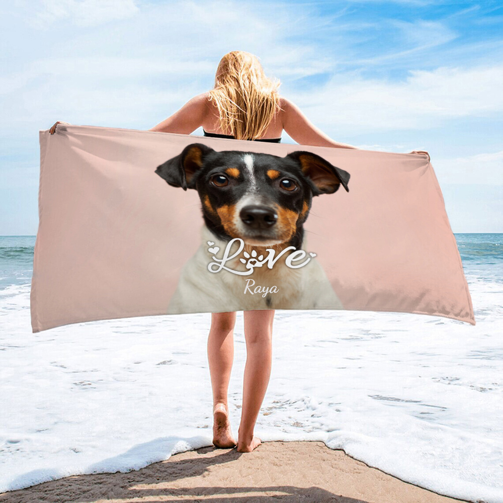 Asciugamano da spiaggia orizzontale personalizzato con foto e nome cane e gatto regalo perfetto per l'estate per amanti dei animali