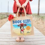 Gepersonaliseerde Schattige Cartoon Boek Meisje Jute Tote Bag met Naam Reisaccessoires Verjaardag Strandfeest Cadeau voor Vrouwen Lezen Liefhebbers