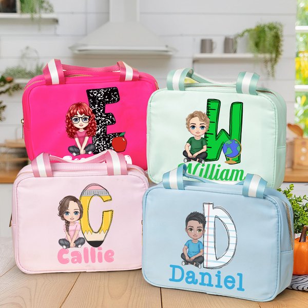Personalized Multicolour Cartoon Character Insulated Lunch Bag with Name and Initial Back to School Work Picnic Gift for Kids Family