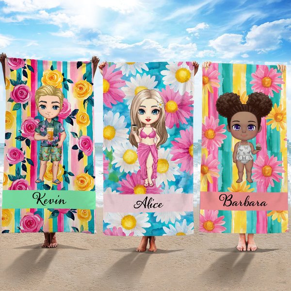Personalized Summer Floral Cute Cartoon Character Quick Dry Oversized Beach Towel with Name Vacation Accessory Birthday Gift for Family Friends