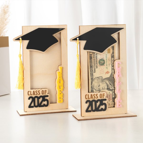 Personalized Multicolor Name Tassel Grad Cap Wooden Money Holder Cash Envelope with Base Class of 2025 Graduation Gift for Graduates
