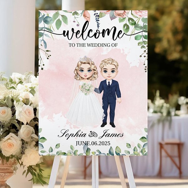 Personalised Cartoon Bride and Groom Wedding Welcome Sign with Names and Date Wedding Gift for Newlyweds Couples