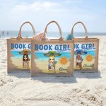 Gepersonaliseerde Schattige Cartoon Boek Meisje Jute Tote Bag met Naam Reisaccessoires Verjaardag Strandfeest Cadeau voor Vrouwen Lezen Liefhebbers