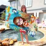 Serviette de Plage Personnalisée avec Personnage de Dessin Animé et Nom Thème Océan Cadeau Voyage Anniversaire Fête à la Plage pour Famille