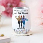 Personalised 2-4 Leopard Besties Back View Floral 12 oz Wine Tumbler with Lid and Names Friendship Birthday Gift for Friends
