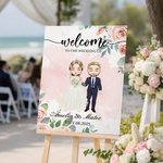 Personalized Cartoon Bride and Groom Wedding Welcome Sign with Names and Date Wedding Gift for Newlyweds Couples