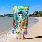 Serviette de Plage Personnalisée avec Personnage de Dessin Animé et Nom Thème Océan Cadeau Voyage Anniversaire Fête à la Plage pour Famille