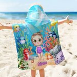 Gepersonaliseerde onderwaterwereld oceaan zeeschildpad dolfijn tekenfilm karakter naam capuchon strandhanddoek strand vakantie favoriet reizen verjaardagscadeau voor kinderen