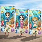 Serviette de Plage Personnalisée avec Personnage de Dessin Animé et Nom Thème Océan Cadeau Voyage Anniversaire Fête à la Plage pour Famille