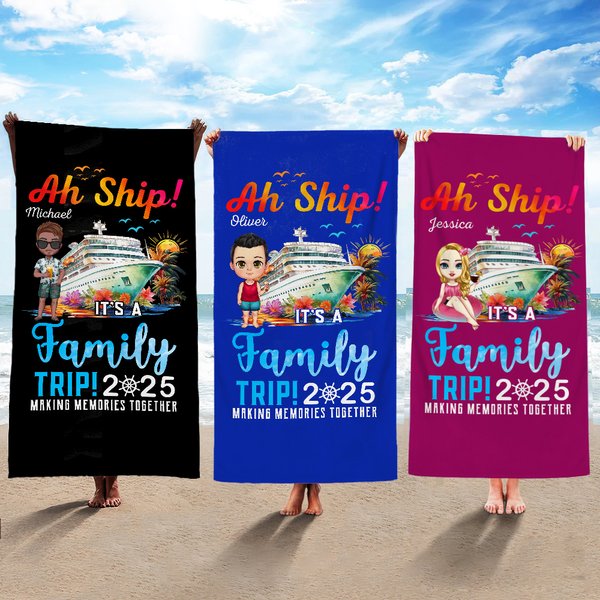 Personalised Cartoon Character Cruise Ship Coconut Tree Quick Drying Oversized Soft Beach Towel with Name and Year Beach Party Gift for Family Friend