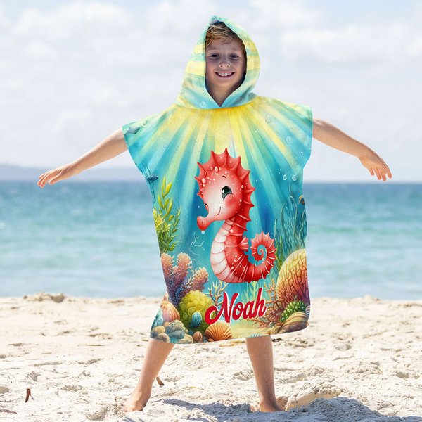 Personalised Sea Animal Underwater World Super Absorbent Hooded Beach Towel with Name Travel Summer Vacation Birthday Gift for Boys Girls