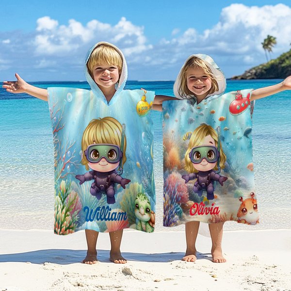 Toalla de playa con capucha para niños, de secado rápido y suave, personalizada con el nombre de un personaje de buceo de dibujos animados del mundo submarino, para niños y niñas, como regalo de cumpl