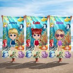 Serviette de Plage Personnalisée avec Personnage de Dessin Animé et Nom Thème Océan Cadeau Voyage Anniversaire Fête à la Plage pour Famille