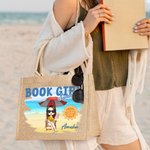 Gepersonaliseerde Schattige Cartoon Boek Meisje Jute Tote Bag met Naam Reisaccessoires Verjaardag Strandfeest Cadeau voor Vrouwen Lezen Liefhebbers