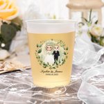 Personalized Cartoon Bride and Groom Wreath Frosted Food-Grade Plastic Cup with Name and Date Set of 10 Wedding Anniversary Gift for Newlyweds