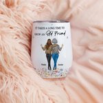 Personalised 2-4 Leopard Besties Back View Floral 12 oz Wine Tumbler with Lid and Names Friendship Birthday Gift for Friends