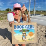Gepersonaliseerde Schattige Cartoon Boek Meisje Jute Tote Bag met Naam Reisaccessoires Verjaardag Strandfeest Cadeau voor Vrouwen Lezen Liefhebbers