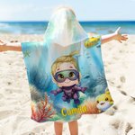 Toalla de playa con capucha para niños, de secado rápido y suave, personalizada con el nombre de un personaje de buceo de dibujos animados del mundo submarino, para niños y niñas, como regalo de cumpl