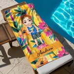 Toalla de playa de gran tamaño de secado rápido con nombre Personalizada Verano Floral Lindo Caricatura Accesorio de Vacaciones Regalo de Cumpleaños para Amigos de la Familia