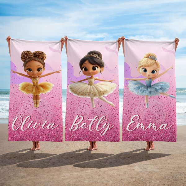 Personalized 3D Cartoon Ballet Girl Quick Dry Oversized Beach Towel with Name Summer Vacation Essentials Beach Pool Party Birthday Gift for Girls