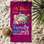 Personalizzato Cartoon Character Cruise Ship Coconut Tree Asciugatura rapida Asciugamano da spiaggia morbido e sovradimensionato con nome e anno Regalo per la festa in spiaggia per amici di famiglia