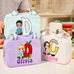 Personalized Multicolor Cartoon Character Insulated Lunch Bag with Name and Initial Back to School Work Picnic Gift for Kids Family