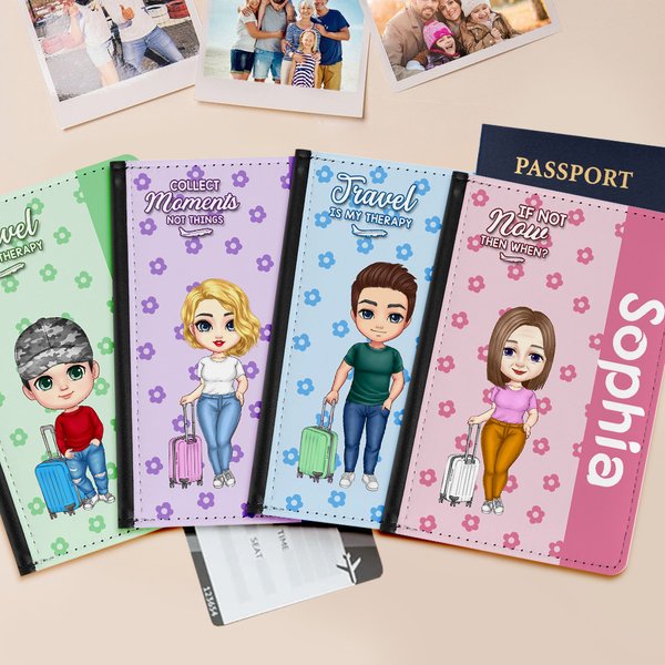 Personalised Colorful Floral Cartoon Character PU Leather Passport Holder with Name Travel Accessory Birthday Gift for Travel Lovers