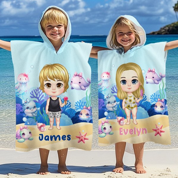 Personalised Cartoon Character Sea Animal Quick Dry Hooded Beach Towel with Name Pool Essentials Summer Vacation Birthday Gift for Boys Girls