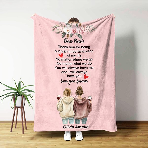 Gepersonaliseerde Bestie Clip Art Karakter Zachte Deken met Namen en Teksten Home Decor Verjaardagscadeau voor Vrouwen Bestie Zussen