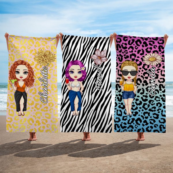 Personalized Cartoon Character Birth Flower Leopard Zebra Print Oversized Beach Towel with Name Quick Dry Travel Essentials Birthday Gift for Women 