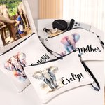 Borsa per il trucco in lino con nome e braccialetto da viaggio personalizzata con disegno di un elefante acquerellato o della giungla Accessori di compleanno per donne amanti degli elefanti
