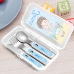 Personifierad söt tecknad barn säker rostfritt stål gaffel sked kniv 3 delar bestick set med namn och fodral Tillbaka till skolan födelsedagspresent för pojkar flickor