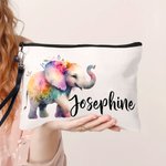 Borsa per il trucco in lino con nome e braccialetto da viaggio personalizzata con disegno di un elefante acquerellato o della giungla Accessori di compleanno per donne amanti degli elefanti
