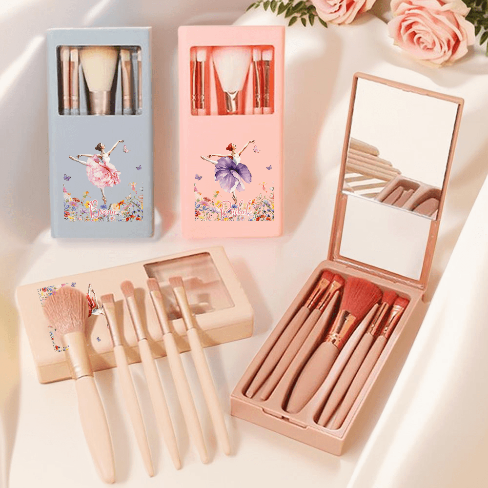 (Set of 6 Pcs)Personalized Ballet Girl Butterfly Makeup Brush & Case Set with Name and Birth Flower, Travel Accessory, Gifts for Ballet Lovers