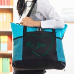 Personalized Heart A Great Teacher Large Oxford Tote Bag with Text and Mesh Pockets Back to School Teachers' Day Gift for Teacher