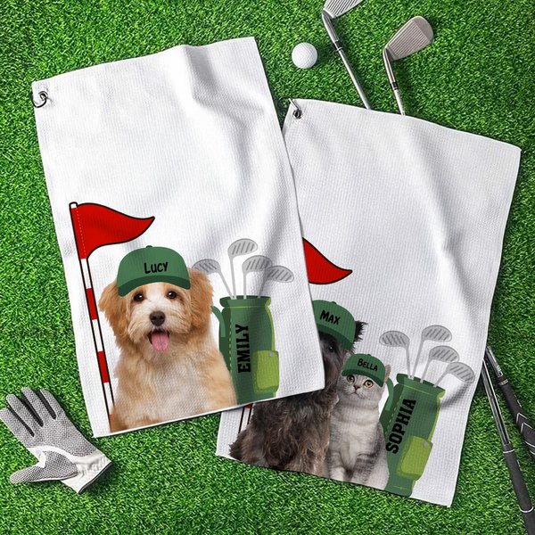 Personalized Cute Golf Pet Photo Super Absorbent Waffle Sport Towel with 1-5 Names and Hanging Clip Game Day Birthday Gift for Golf Players Pet Lovers
