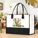 Personalized Cute Watercolor Elephant Large Canvas Tote Bag with Name Birthday Appreciation Gift for Elephant Lovers Family Friend
