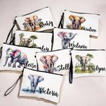 Borsa per il trucco in lino con nome e braccialetto da viaggio personalizzata con disegno di un elefante acquerellato o della giungla Accessori di compleanno per donne amanti degli elefanti