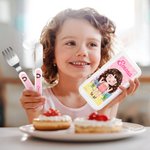 Personifierad söt tecknad barn säker rostfritt stål gaffel sked kniv 3 delar bestick set med namn och fodral Tillbaka till skolan födelsedagspresent för pojkar flickor