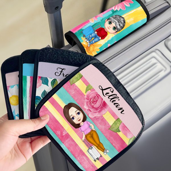 Personalised Colourful Floral Stripes Cartoon Character Luggage Handle Wrap with Name Set of 2 Travel Accessories Birthday Gift for Family Kids