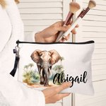 Borsa per il trucco in lino con nome e braccialetto da viaggio personalizzata con disegno di un elefante acquerellato o della giungla Accessori di compleanno per donne amanti degli elefanti