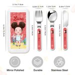 Personifierad söt tecknad barn säker rostfritt stål gaffel sked kniv 3 delar bestick set med namn och fodral Tillbaka till skolan födelsedagspresent för pojkar flickor