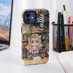 Personalized Butterfly Bookshelf Cartoon Reading Character Phone Case for iPhone or Samsung with Name Birthday Anniversary Gift for Family Friend