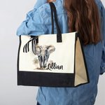 Personalized Cute Watercolor Elephant Large Canvas Tote Bag with Name Birthday Appreciation Gift for Elephant Lovers Family Friend