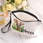Borsa per il trucco in lino con nome e braccialetto da viaggio personalizzata con disegno di un elefante acquerellato o della giungla Accessori di compleanno per donne amanti degli elefanti