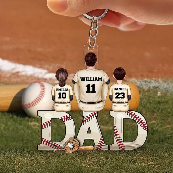 Personalised Baseball Dad and 1-4 Children Acrylic Keychain with Names and Number Father's Day Birthday Gift for Dad Baseball Lovers Players