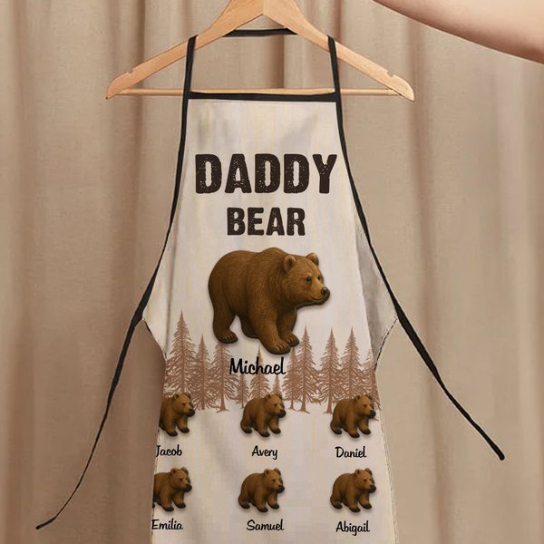 Personalised Papa Bear and 1-12 Kid Bears BBQ Waterproof Adjustable Apron with Title and Names Father's Day Birthday Gift for Dad Grandpa
